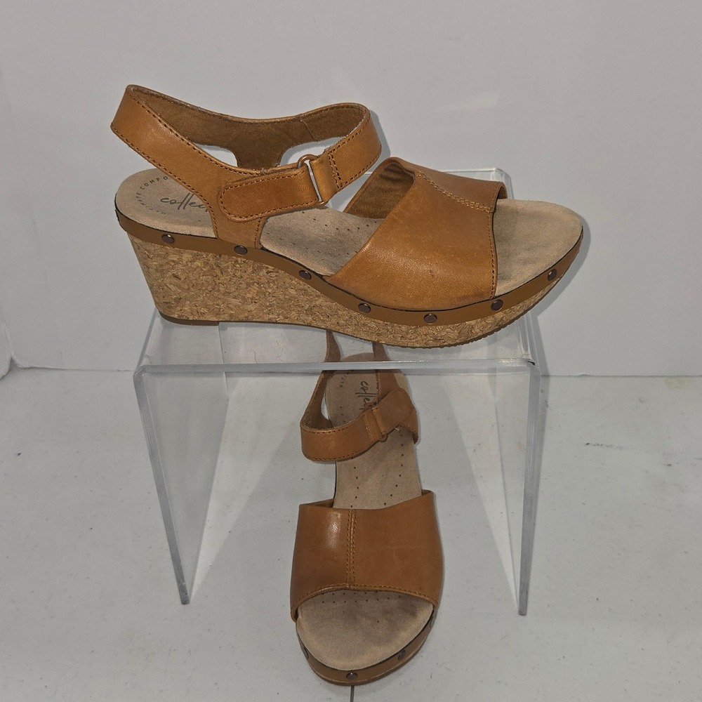 Clarks Collection Womens 8M Tan Leather Cork Wedge Sandals 261407484055 AC938